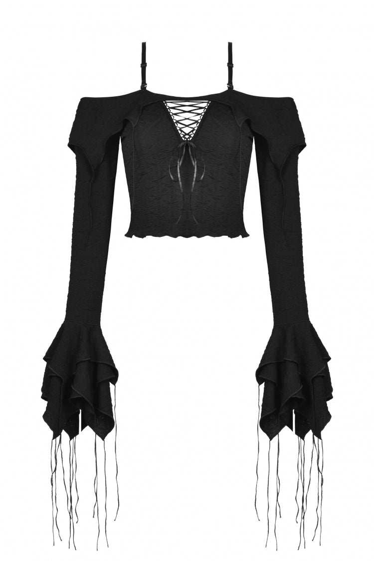 Black Off Shoulder Long Trumpet Sleeves Lace-Up Women's Gothic Sexy Crop Top