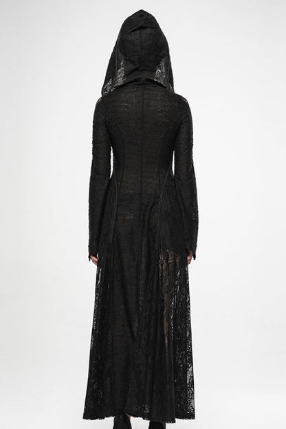Black Long Trumpet Sleeves Metal Zipper Lace Hooded Womens Gothic Dress