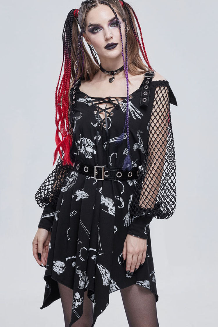 Black Gothic Knit Bone Print Sling Metal Grommet Strap Design Long Sleeve Women's Dress
