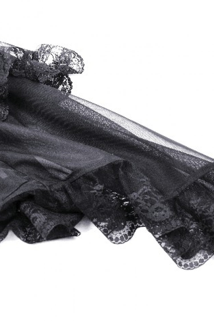 Black Off Shoulder Boat Neck Multi-Layered Long Trumpet Sleeves Lace Spliced Tulle Lace-Up Women's Gothic Fantasy Dress