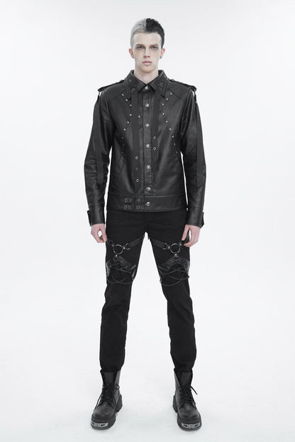 Black Lapel Collar Studded Strap Dashing Men's Punk Jacket