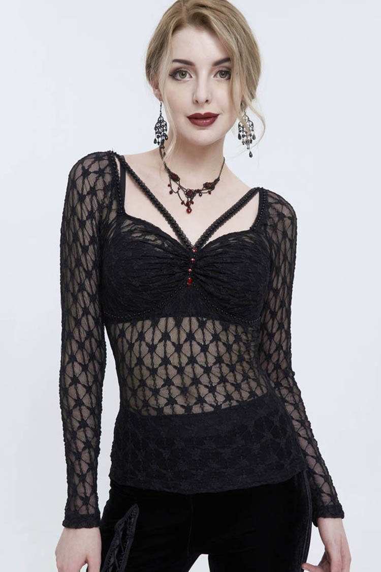 Black Lace Mesh Front Red Diamond Transparent Long Sleeve Women's Punk Shirt