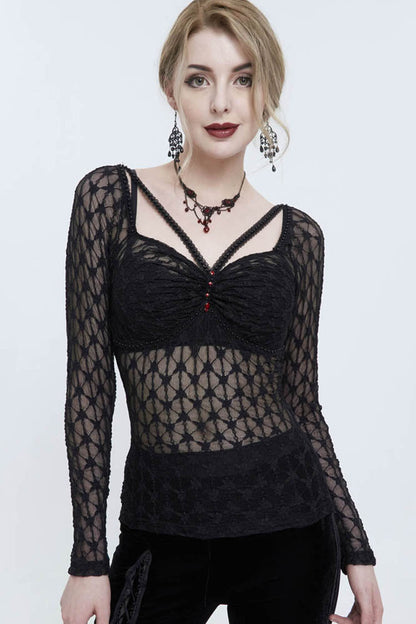 Black Lace Mesh Front Red Diamond Transparent Long Sleeve Women's Punk Shirt