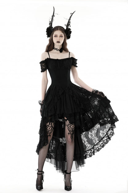 Black Boat Neck Off Shoulder Short Puff Sleeves Ruffled Lace Lace-Up Irregular Women's Gothic Dovetail Dress