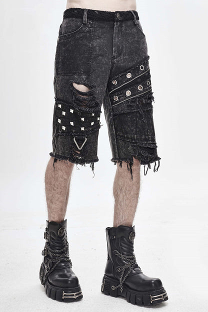 Black Decadence Punk Rock Nailed Ragged Shorts Mens Pants