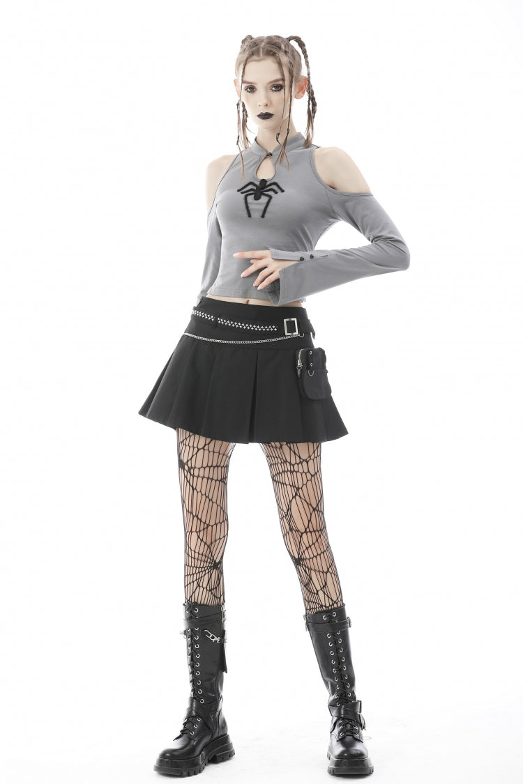 Black Pleated Big-pocket Chain-Decorated Women's Punk Mini Skirt with Belt