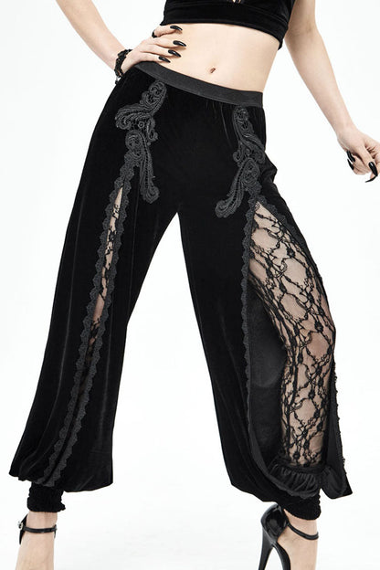 Black Gothic Front Decals Split Splice Mesh Velvet Women's Pants