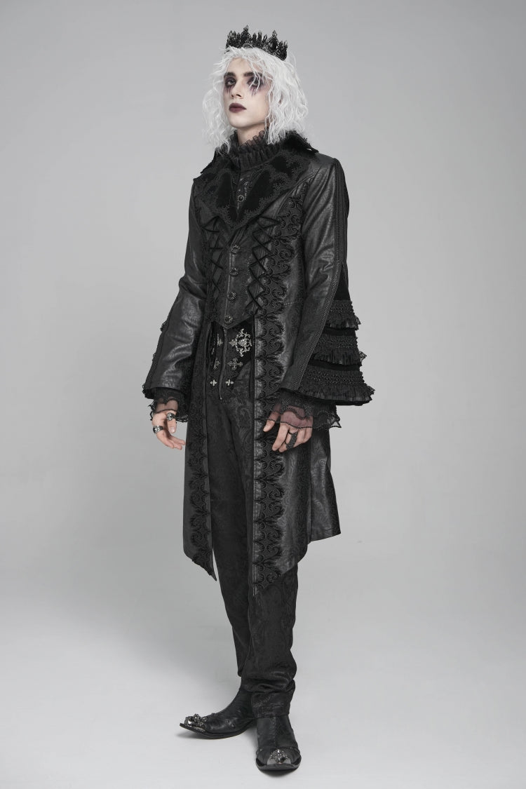 Black Long Trumpet Sleeves Floral Crochet Embroidery Lace-Up Men's Gothic Coat