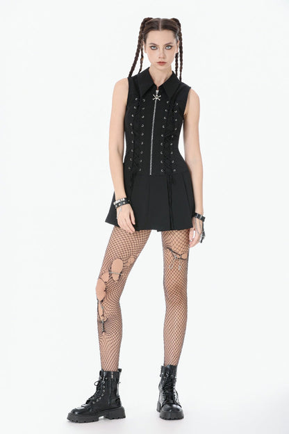 Black Point Collar Sleeveless Skull Zip Women's Punk Dress