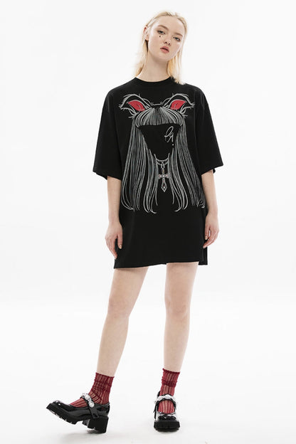 Black Loose Short Sleeves Faceless Cat Ears Long Hair Girl Print Women's Punk T-Shirt