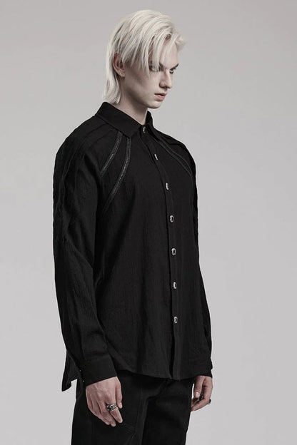 Black Lapel Collar Long Sleeves Metal Buttons Webbing Decoration Mens Gothic Blouse