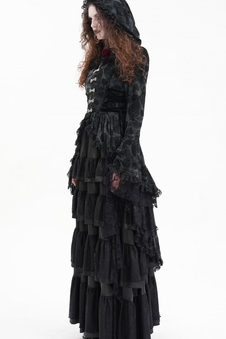 Black Long Trumpet Sleeves Multi-Layered Embroidery Lace Hooded Ripped Women's Gothic Jacket