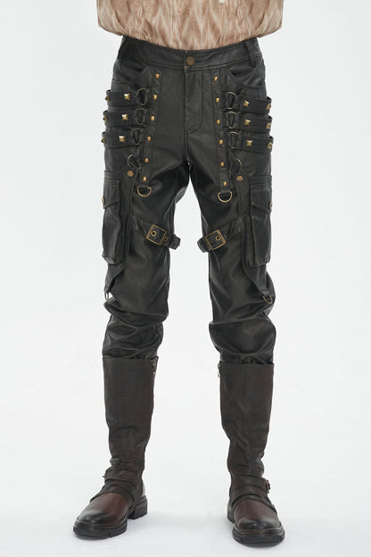 Black Big Pocket Bronze Studded Faux Leather Men's Gothic Pants