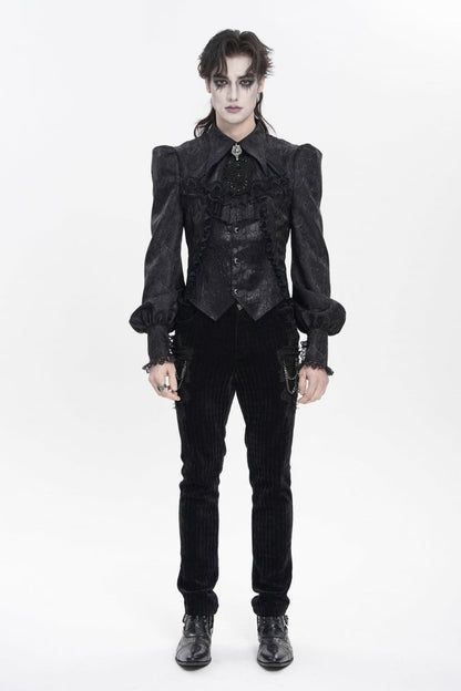 Black Lapel Collar Long Lantern Sleeves Jacquard Embroidered Lace Men's Gothic Palace Swallow-tailed Shirt with Necktie