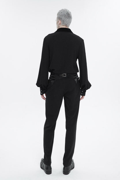 Black Embroidered Chest With Drawstring Strappy Puff Sleeved Men's Gothic Shirt