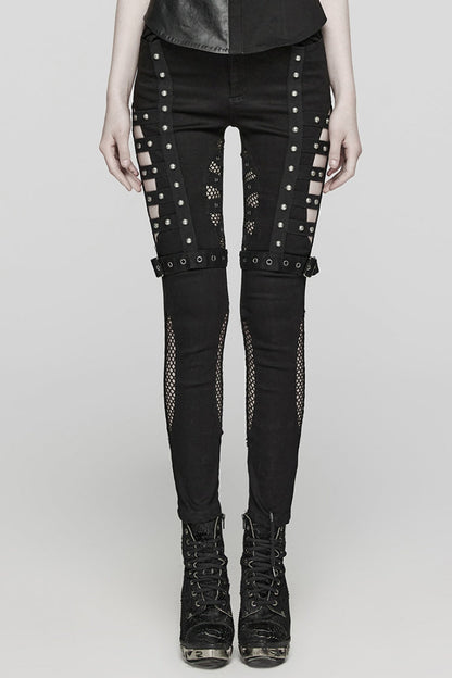 Black Mesh Women's Punk Cutout Eyelet Jeans