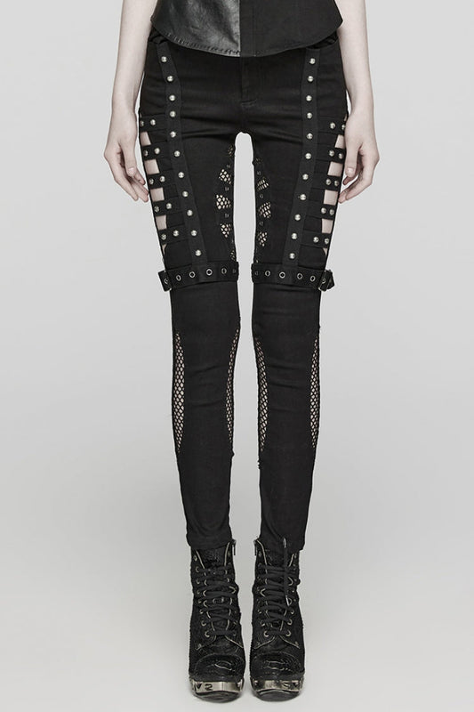 Black Mesh Women's Punk Cutout Eyelet Jeans