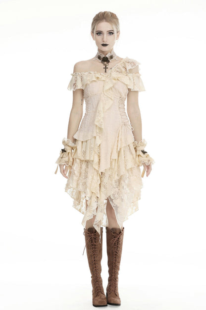 Beige Irregular Multi-Layered Ruffled Lace Women's Steampunk Vintage Dress