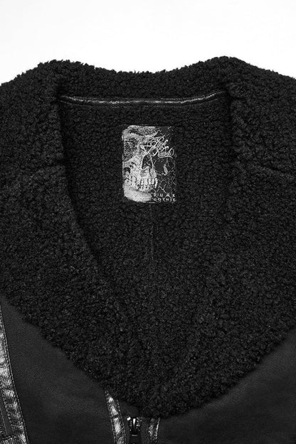 Black Plush Lapel Collar Sleeveless Asymmetric Zipper Men's Gothic Jacket