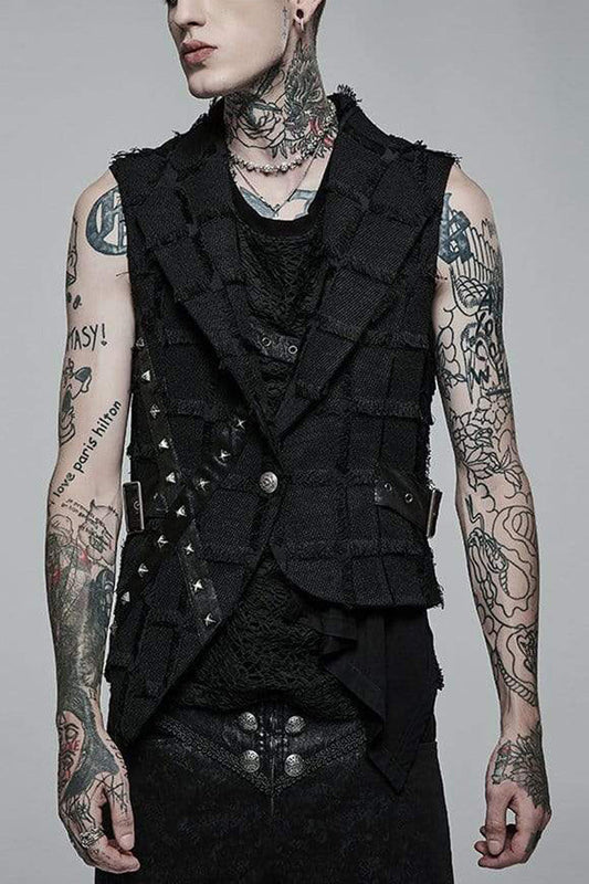 Black Gothic Asymmetrical Decadence Hairy Flu Back Cutout Design Leather Strip Metal Rivets Men's Vest