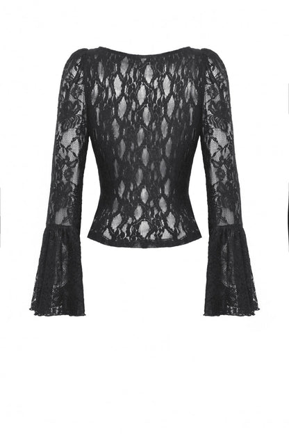 Black Deep V Collar Long Trumpet Sleeves Lace Lace-Up Women's Gothic Corset Top