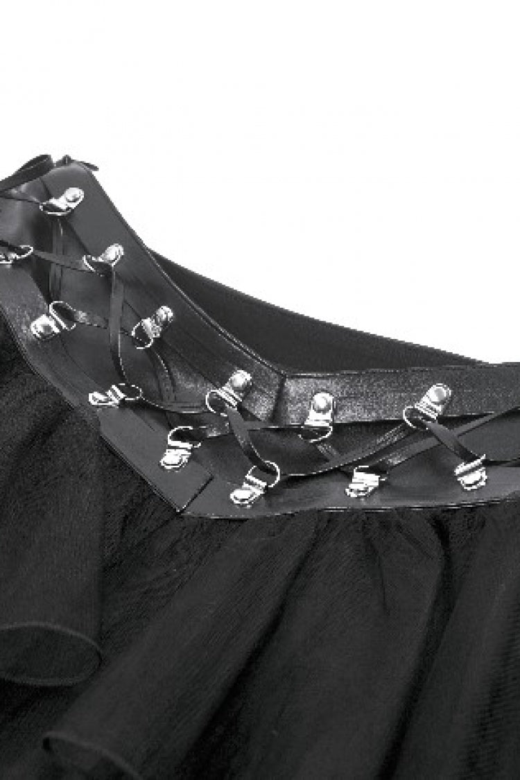 Black Multi-Layered Lace Mesh Women's Punk Short Skirt with D-Ring Ties Waist