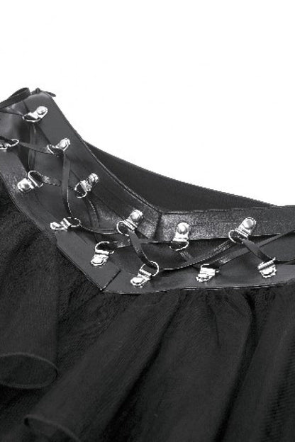 Black Multi-Layered Lace Mesh Women's Punk Short Skirt with D-Ring Ties Waist