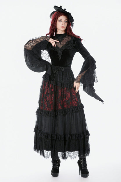 Black Multi-Layered Long Flare Sleeves Embroidered Sheer Mesh Splice Velvet Women's Gothic Top