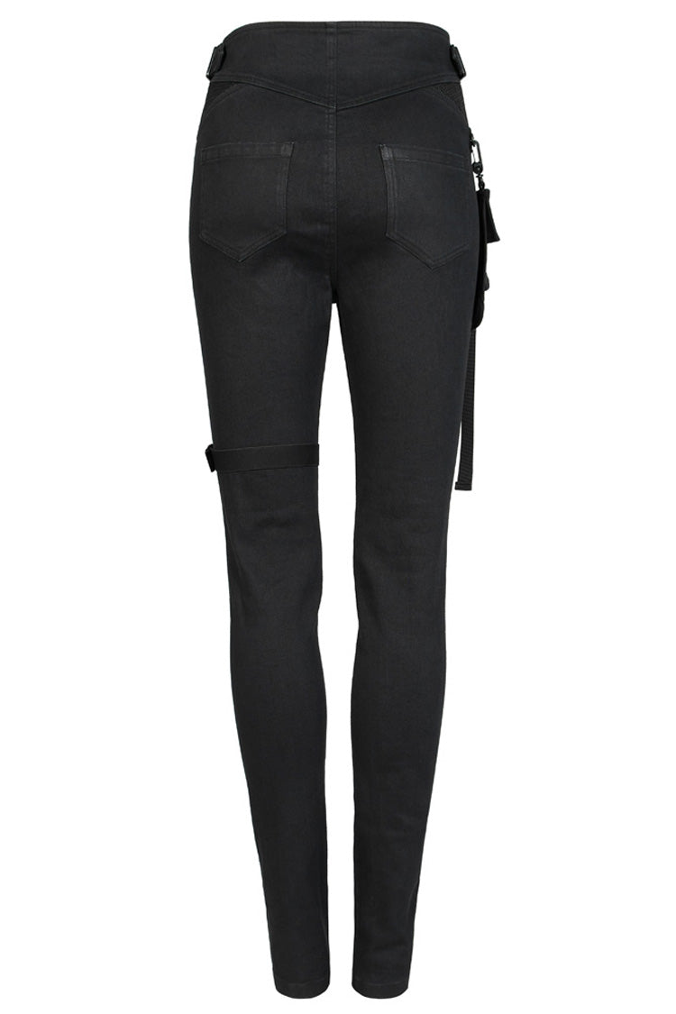 Black Functional Tooling Style Pocket Belt Trim V-Shaped Split Zipper Women's Punk Trousers