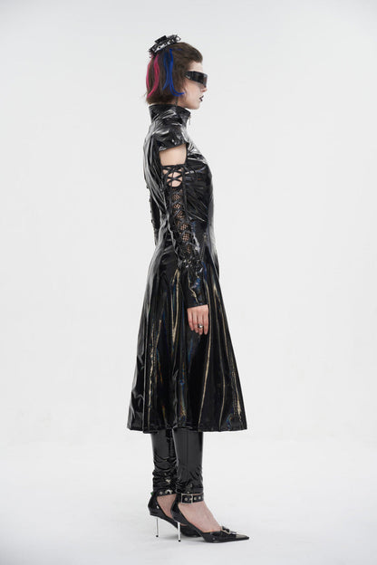 Black Lace Up Mesh Splice Patent Leather Long Women's Punk Coat