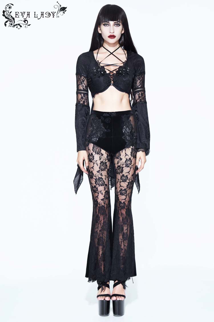 Black Perspective Mesh-yarn Long-sleeve Lace Front Short And Back Long Women's Gothic Blouse