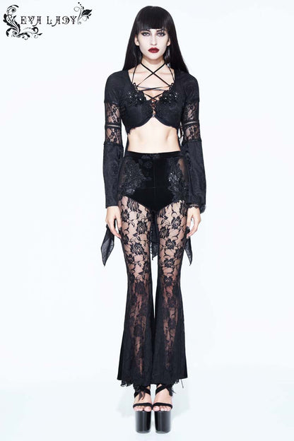 Black Perspective Mesh-yarn Long-sleeve Lace Front Short And Back Long Women's Gothic Blouse