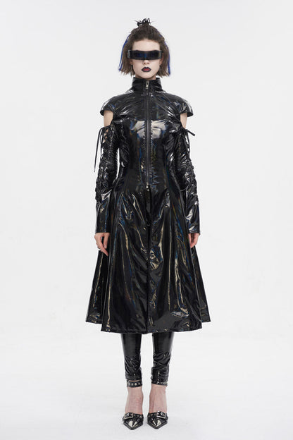 Black Lace Up Mesh Splice Patent Leather Long Women's Punk Coat