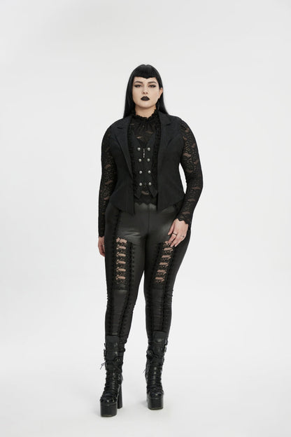 Black Lapel Collar Jacquard Spliced Lace Faux Two-Piece Pleated Women's Plus Size Gothic Vest