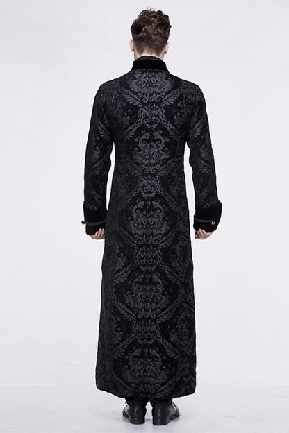 Black Gothic Patterned Metal Buttons Mens Velveteen Long Coat
