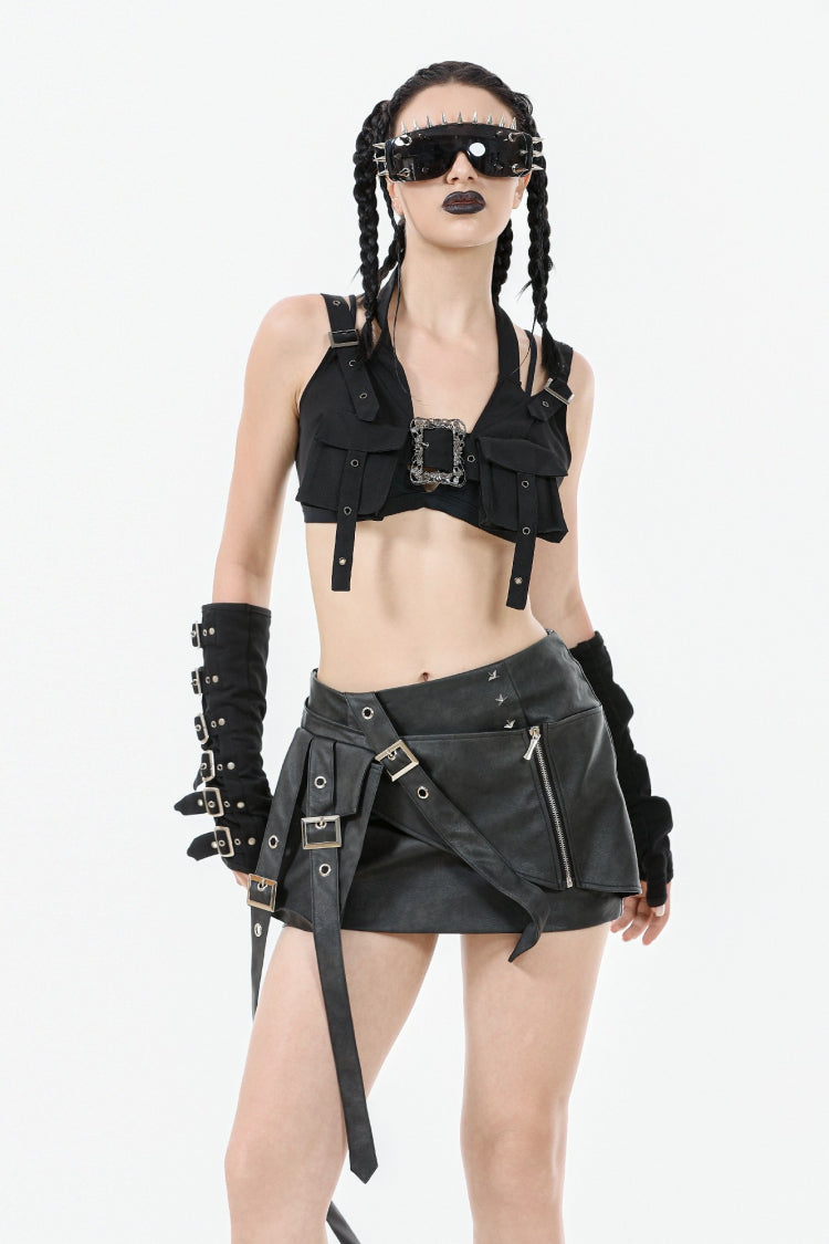 Black Halterneck Buckled Women's Punk Utility Vest
