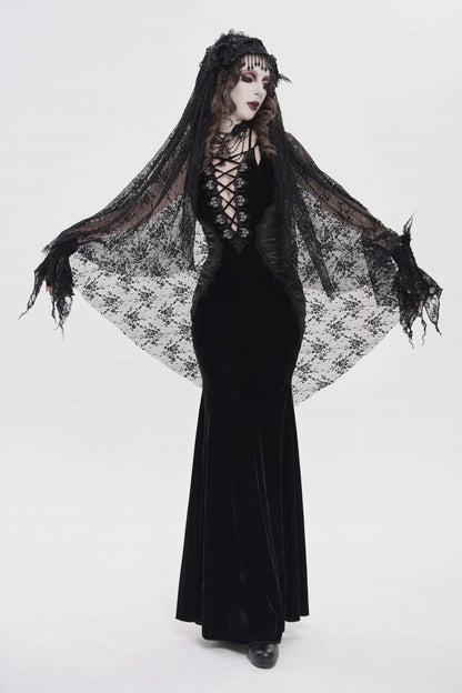 Black Off Shoulder Sleeveless Hanayome Spliced Lace-Up Slim Pleated Women's Gothic Jsk Dress