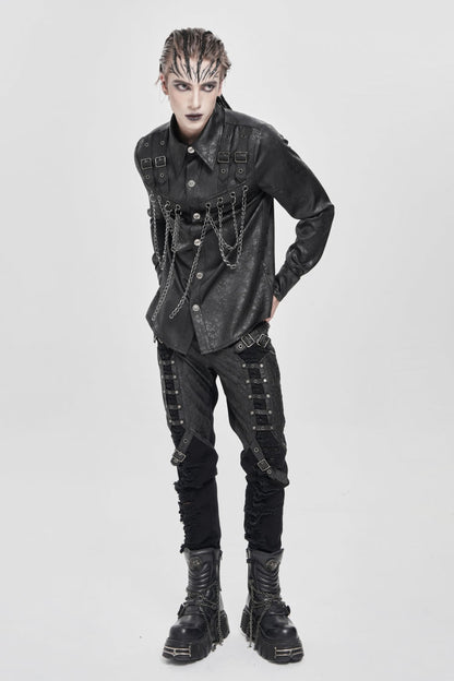 Black Lapel Collar Long Sleeves Buckled Strappy Chain-Decorated Men's Punk Shirt