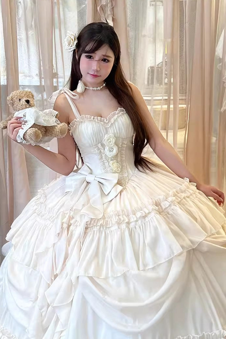 Apricot/Beige [Antique Bride] Sleeveless Multi-Layered Ruffled Bow Lace Sweet Elegant Gorgeous Full Skirt Lolita Jsk Dress