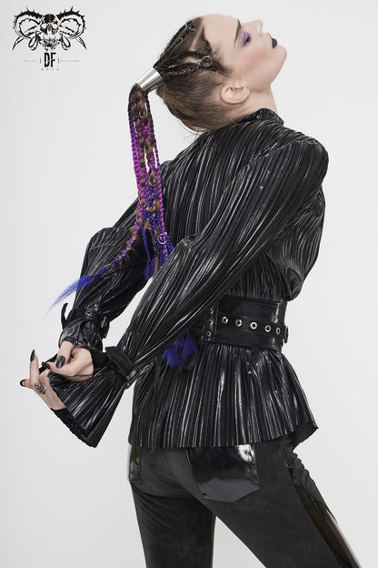 Black Metal Buckles Cuff Bright Pleated Pointed Collar Leather Loops Women's Punk Blouse