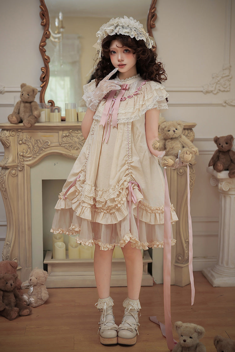 Apricot [Lily's Dream] Stand Collar Short Sleeves Loose-Fit Doll-Like Multi-Layered Ruffled Bow Lace Sweet Lolita Dress 2 Versions