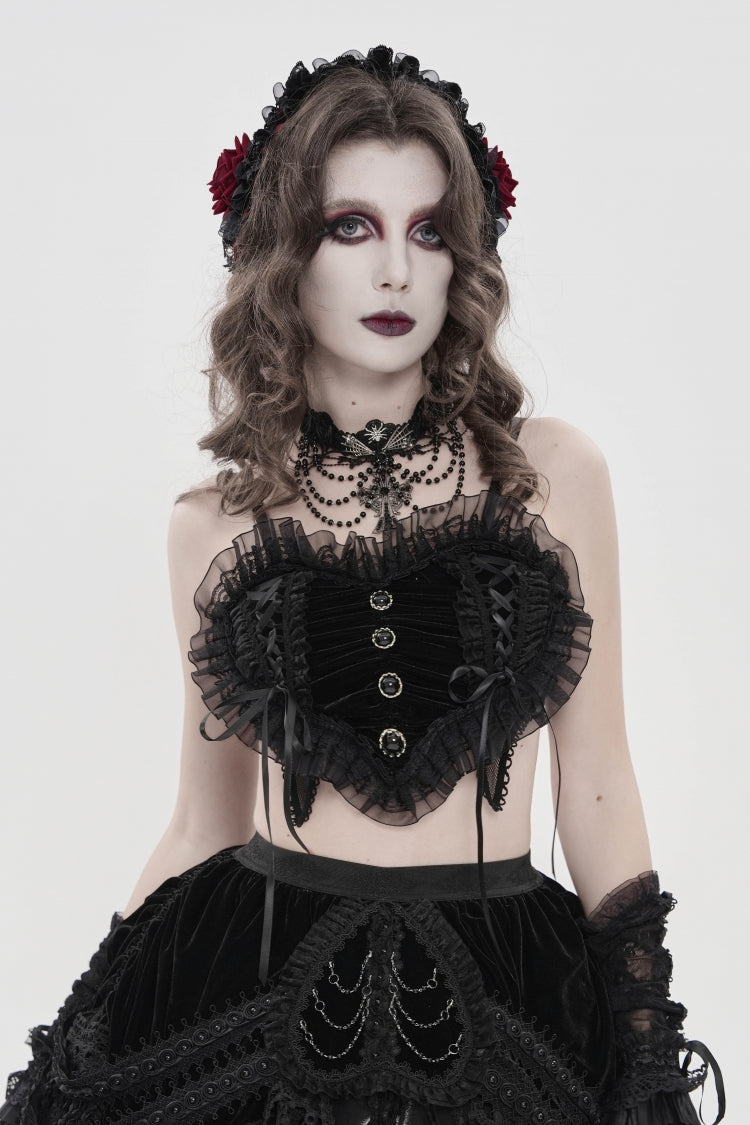 Black Off Shoulder Bow Lace Lace-Up Women's Gothic Ruffled Corset