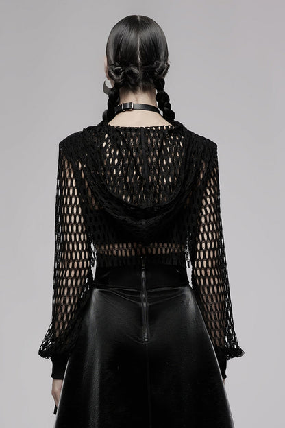 Black Long Sleeves Hollow Hooded Buckle Decoration Women's Punk Blouse