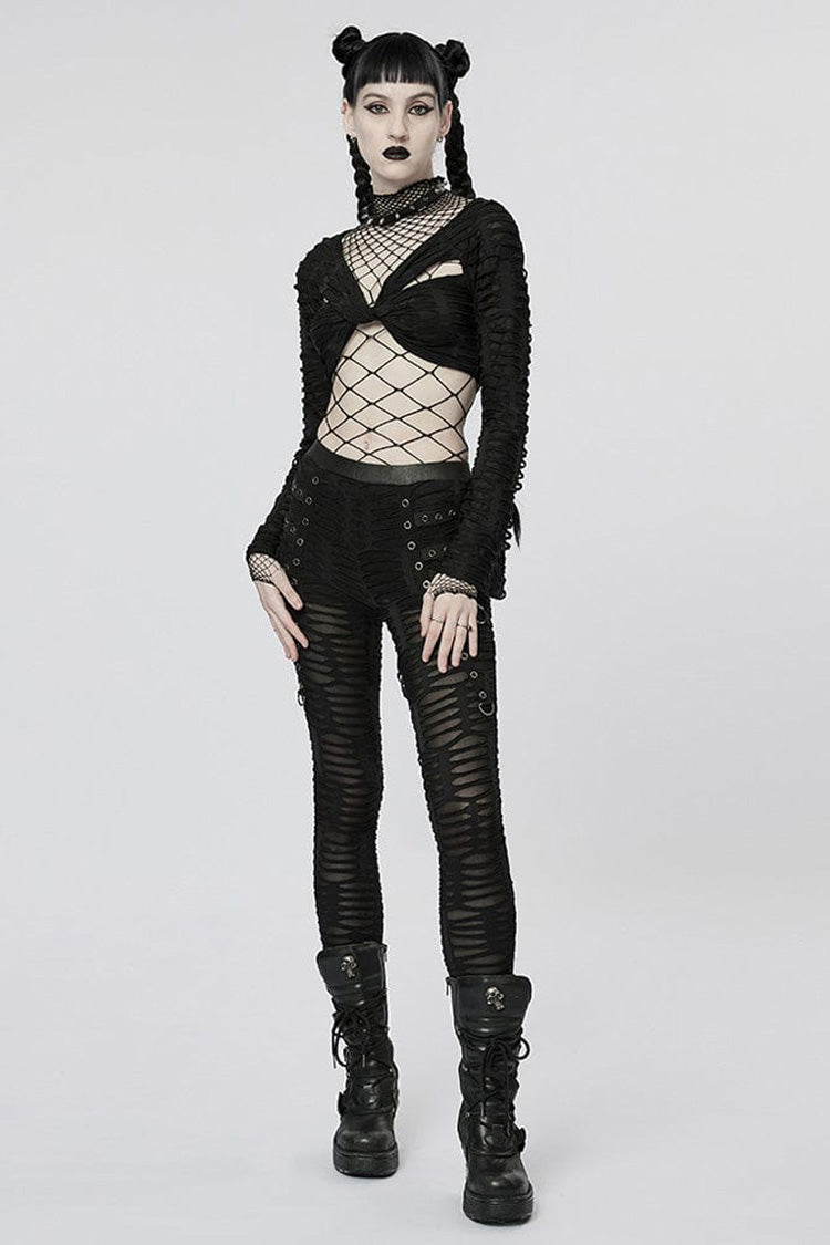 Black Long Sleeve Creative Twist Stretch Sexy Women's Gothic T-Shirt