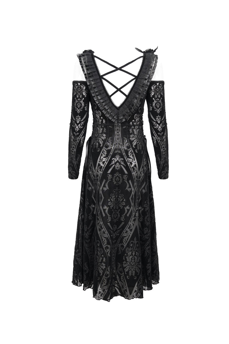 Black Off Shoulder Ruffled Flocked Print Long Women's Gothic Dress
