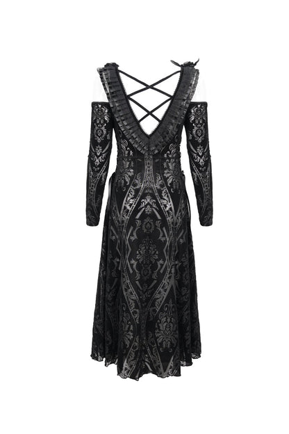 Black Off Shoulder Ruffled Flocked Print Long Women's Gothic Dress