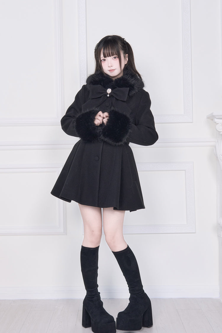 Black Plush Collar Long Sleeves Bowknot Japanese Sweet Lolita Coat