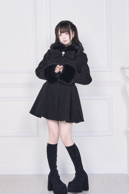 Black Plush Collar Long Sleeves Bowknot Japanese Sweet Lolita Coat