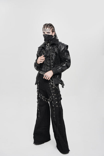 Black Faux Leather Stitching Buckle Zipper Straps Men's Punk Coat