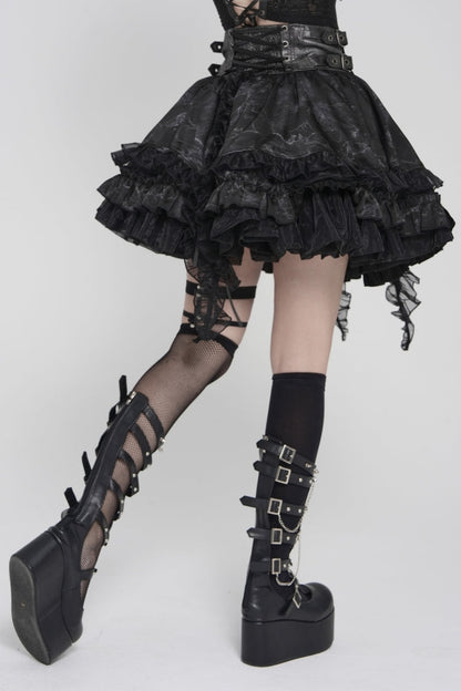 Black Multi-Layered Printed Spliced Lace Lace-Up Buckled Pleated Eyelet Women's Gothic Skirt
